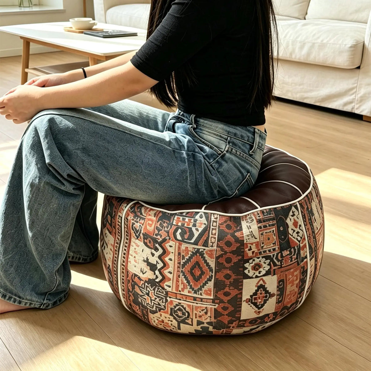 Unstuffed Pouf Ottoman Cover - Bohemian Faux Leather Floor Cushion You Fill with Blankets and Clothes, Everstock