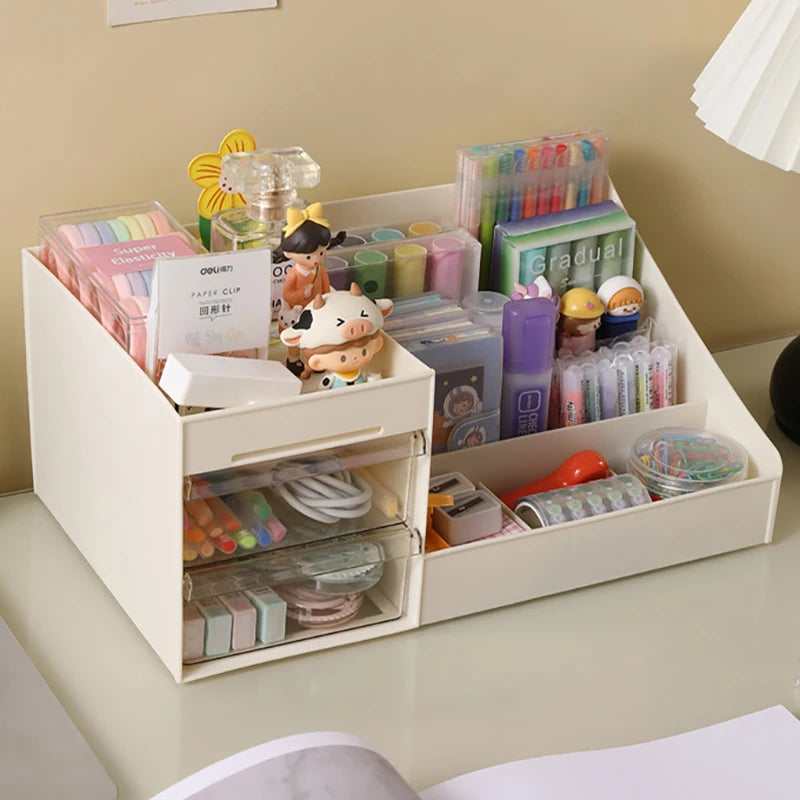 Makeup Drawer Organizer - Beige Plastic Cosmetic Storage Box with Partition for Vanity & Dorm Desks, Everstock