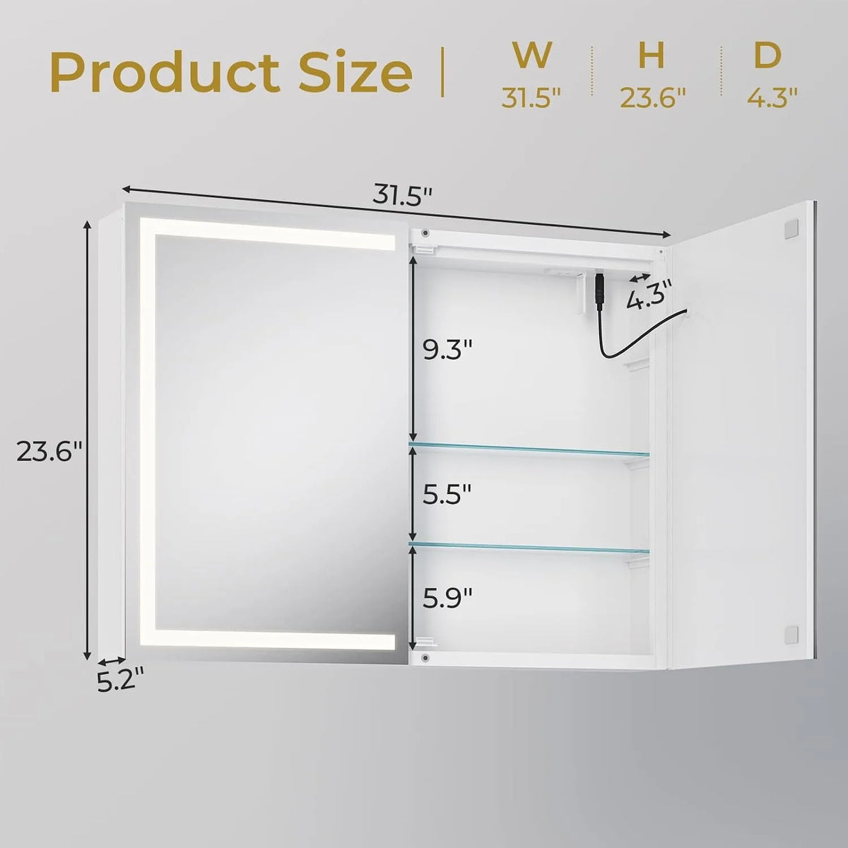 Wall-Mounted Mirror Storage Cabinet - LED Lighted Bathroom Cabinet with Adjustable Shelves, Everstock