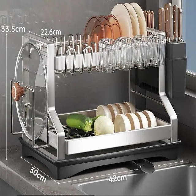 2-Tier Dish Drying Rack - Stainless Steel Drainer for Bowls, Plates, Cutlery & Pot Lids, Countertop, Everstock