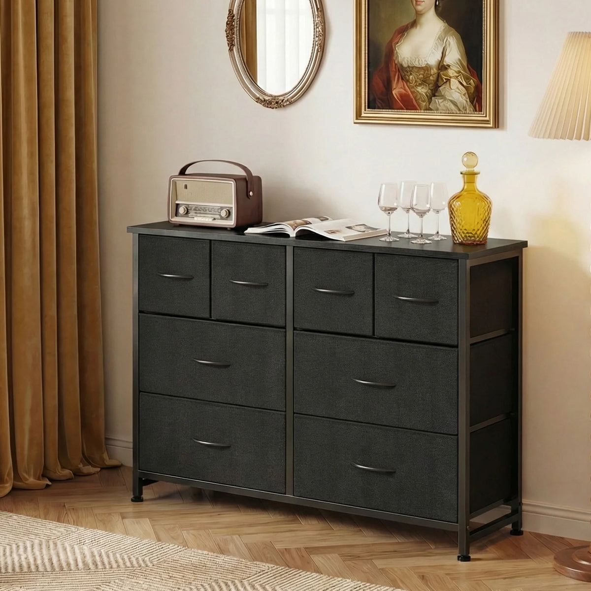 Wide Fabric Dresser & TV Stand - 63-Inch Storage Tower with Wood Top, Metal Frame and Deep Fabric Drawers, Everstock
