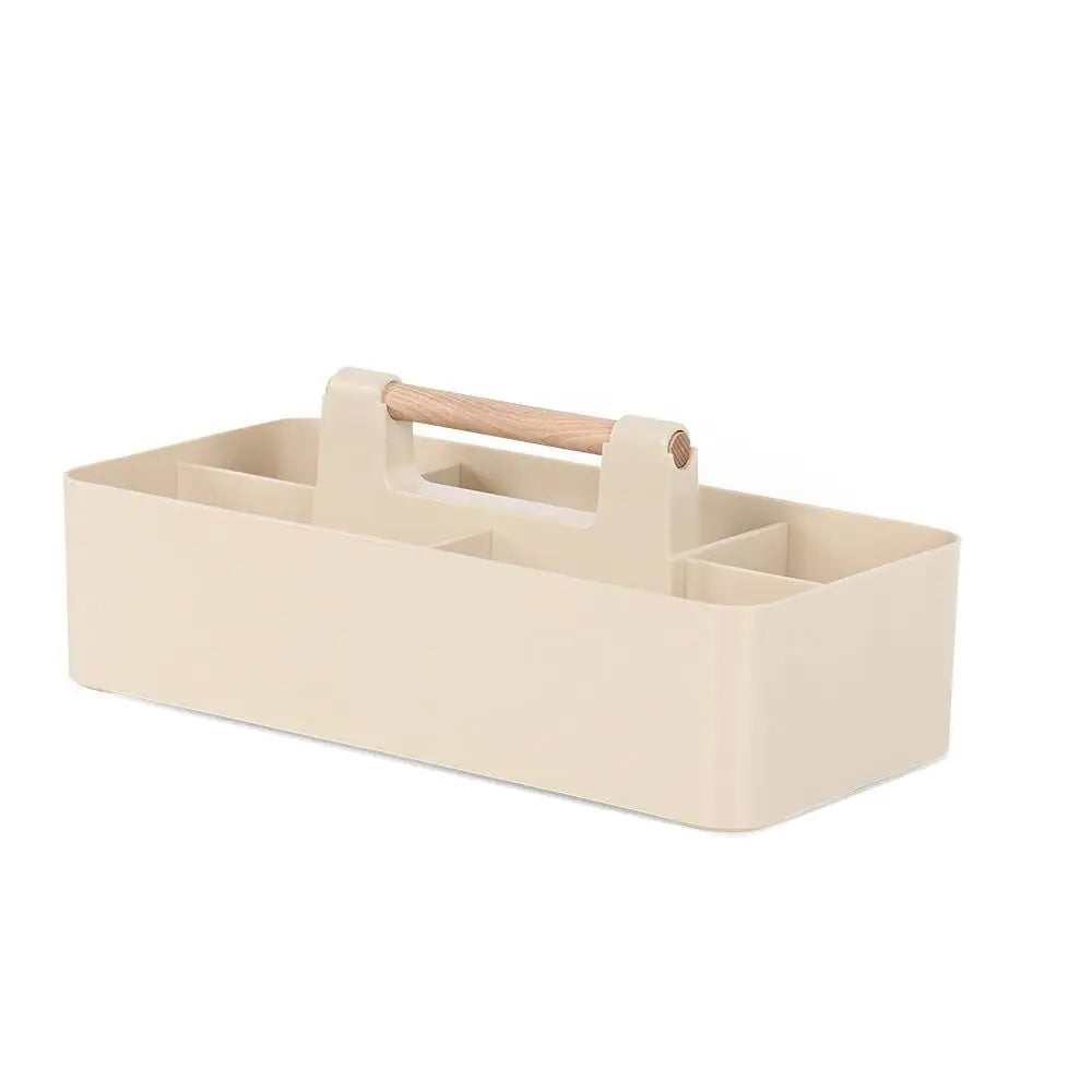 Stackable Desk Organizer Basket - Divided Plastic Tray with Wood Handle for Stationery, Makeup and Desktop Storage, Everstock