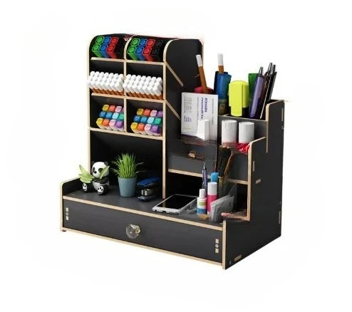 Wooden Desktop Organizer with Drawer - Large-Capacity Stationery Storage for Home & Office, Everstock