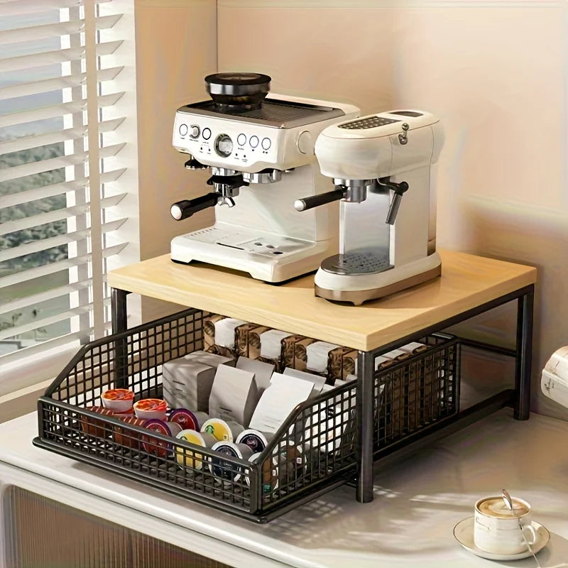 Coffee Station Countertop Organizer - Wood Shelf with Drawer & Wire Basket for Kitchen Counter Storage, Everstock