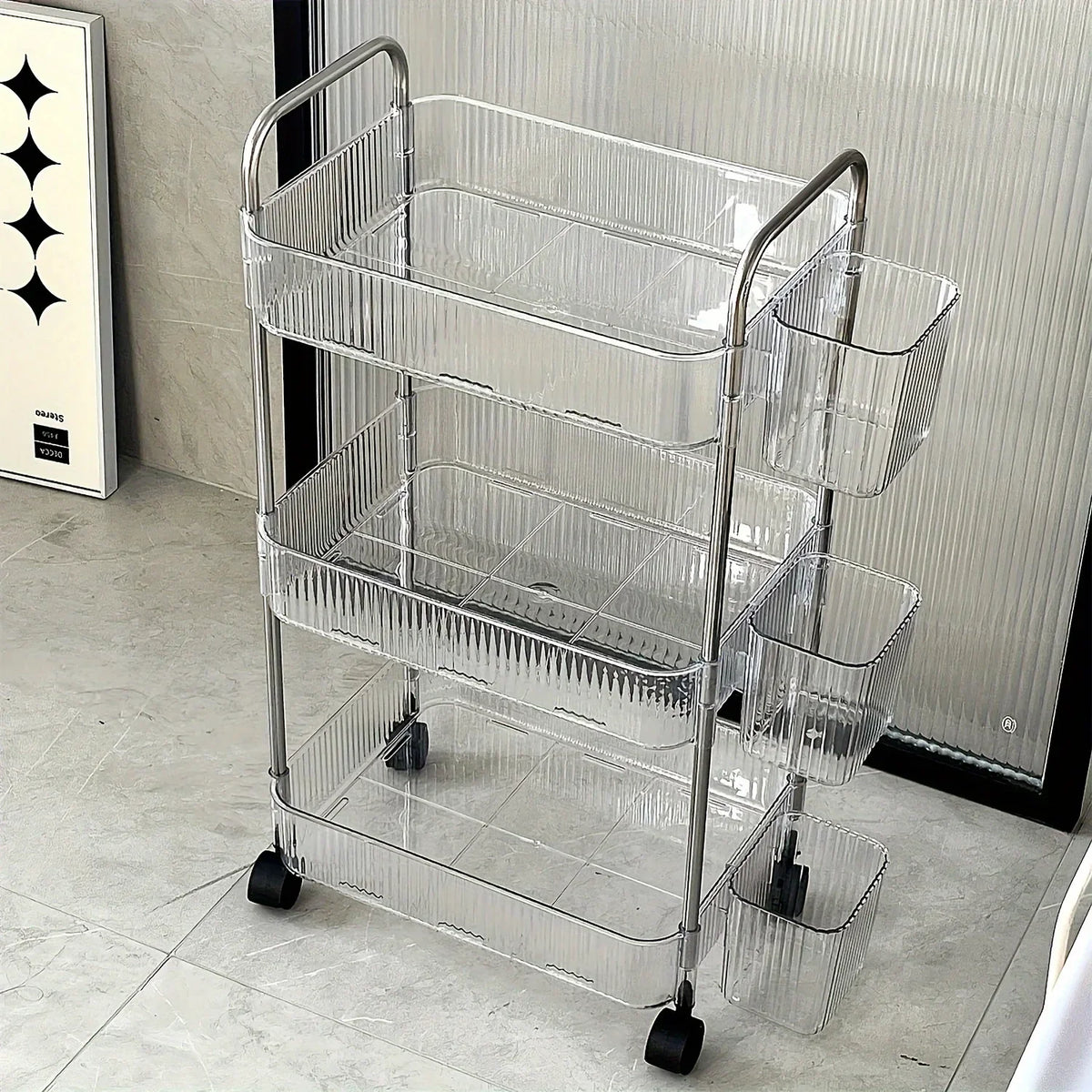 3-Tier Rolling Cart - Clear Plastic Storage Trolley on Wheels for Living Room, Bedroom and Home Office, Everstock