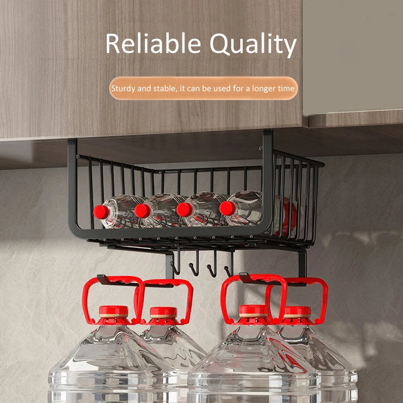 Under-Cabinet Hanging Basket - Metal Storage Organizer with 4 Hooks for Paper Towels, Mugs & Utensils, Everstock