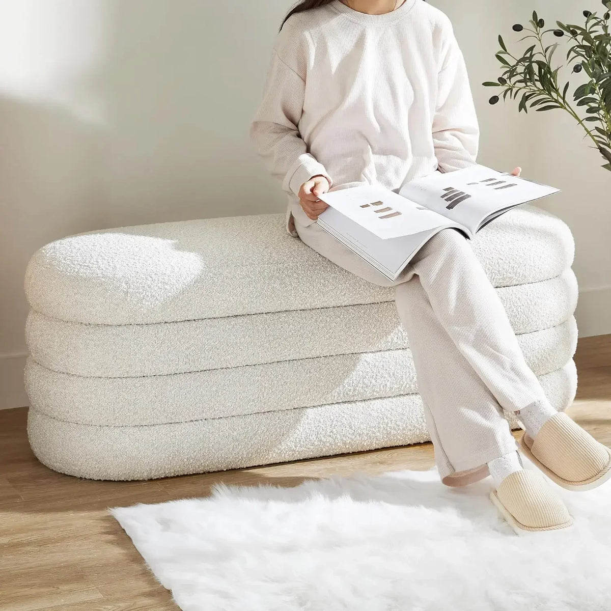 End of Bed Storage Bench - 49.2 Inch Cotton Linen Upholstered Ottoman Bench for Bedroom and Closet, Everstock