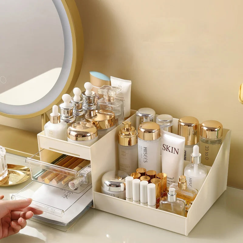 Makeup Drawer Organizer - Beige Plastic Cosmetic Storage Box with Partition for Vanity & Dorm Desks, Everstock