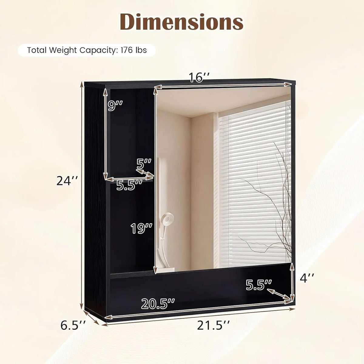 Wall Cabinet with Mirror Door - 3 Open Cubes & Adjustable Shelf Storage for Bathroom, Everstock