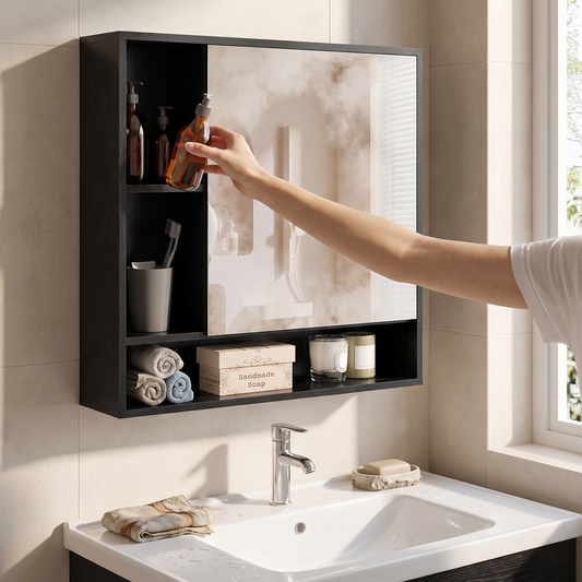 Wall Cabinet with Mirror Door - 3 Open Cubes & Adjustable Shelf Storage for Bathroom, Everstock — Everstock