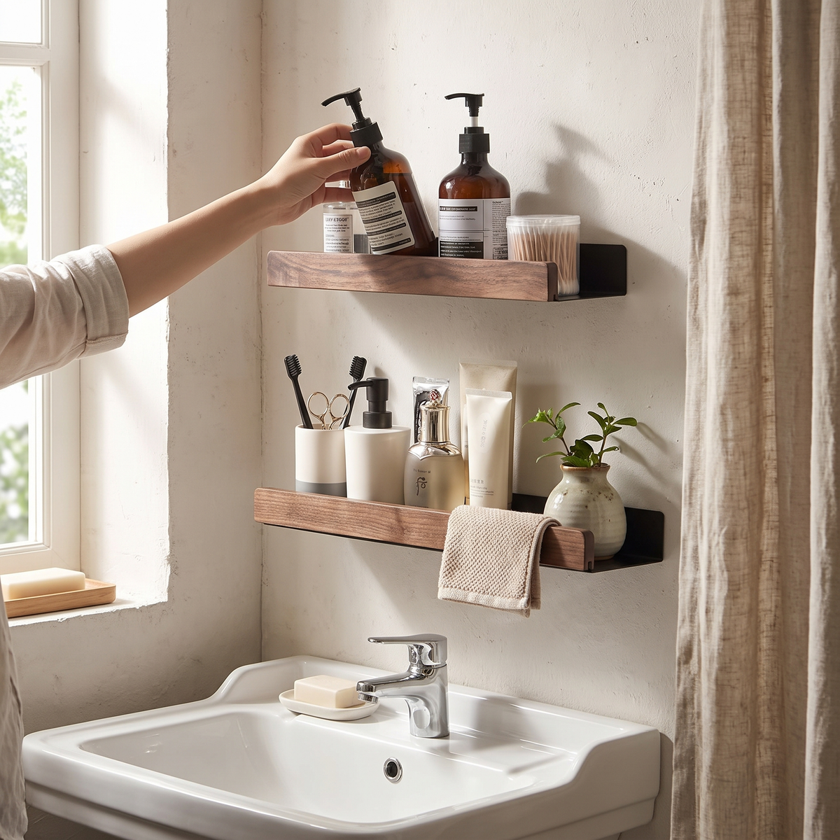 Solid Wood Corner Shelf - No-Drill Wall Mounted Shower Storage Rack for Bathroom, Everstock — Everstock