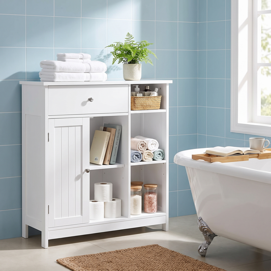 White Freestanding Storage Cabinet - Drawer & 2 Beadboard Doors for Bathroom Towel Storage, Everstock — Everstock
