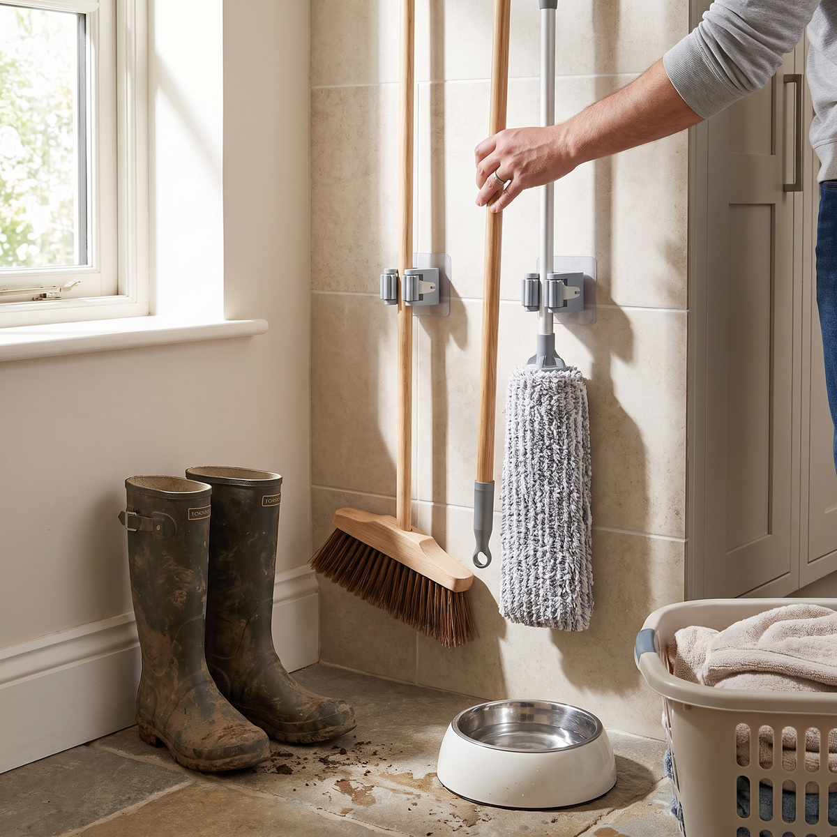 Traceless Wall Hanging Hook Rack - Waterproof Mop & Broom Organizer for Bathroom Storage, Everstock — Everstock