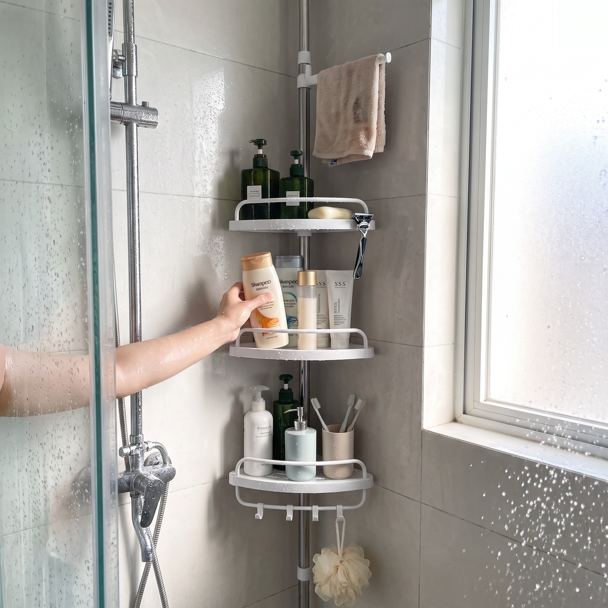 Telescopic Corner Shelf - No-Drill Floor-to-Ceiling Storage Rack for Bathroom, Everstock — Everstock